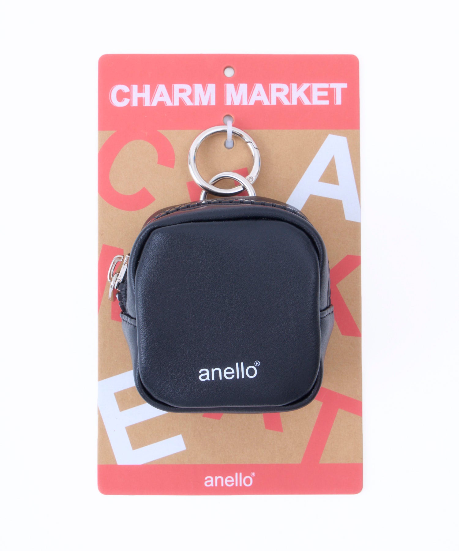 anello スクエアポーチチャーム CHARM MARKET2 AIY0205 カラビナ付き　マット素材　太めファスナー　シンプル　小物ポーチ　チャーム